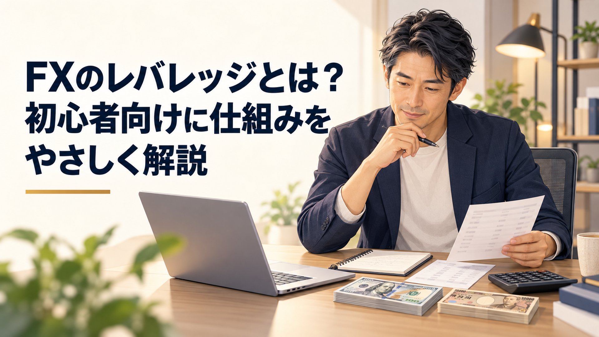 落ち着いたオフィスの机で、40代のアジア人男性が米ドルと円の取引額をノートと電卓で確かめる場面